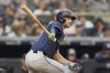 Tampa Bay Rays' Brandon Lowe hits an RBI double during the third inning of a baseball game against the New York Yankees Wednesday, July 30, 2025, in New York. (AP Photo/Frank Franklin II)