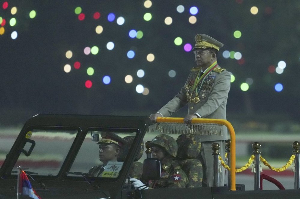 FILE - Senior Gen. Min Aung Hlaing, head of the military council, inspects officers during a parade to commemorate Myanmar's 80th Armed Forces Day, in Naypyitaw, Myanmar, Thursday, March 27, 2025. (AP Photo/Aung Shine Oo, File)