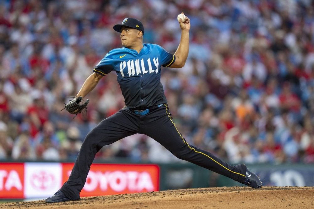 Philadelphia Phillies starting pitcher Ranger Suarez delivers during the fifth inning of a baseball game against the Detroit Tigers, Friday, Aug. 1, 2025, in Philadelphia. (AP Photo/Chris Szagola)