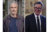 This photo combination shows Jon Stewart, left, posing for a photo outside the Department of Veterans Affairs, July 26, 2024, in Washington and Stephen Colbert being interviewed at The Vatican, June 14, 2024. (AP Photo/Kevin Wolf, Riccardo De Luca)
