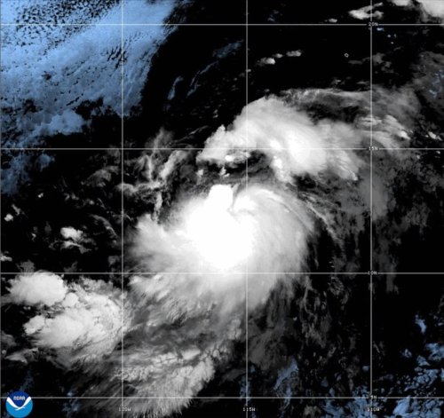 In this satellite image provided by NOAA shows Tropial Storm Gil located south-southwest of the southern Baja California Peninsula on Thursday, July 31, 2025. (NOAA via AP)
