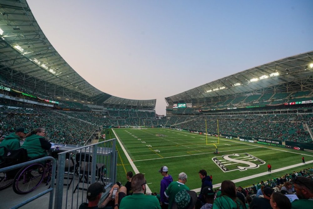 Mosaic Stadium before CFL football action between the Saskatchewan Roughriders and the Calgary Stampeders in Regina, on Friday, July 11, 2025. The game was delayed due to poor air quality. THE CANADIAN PRESS/Heywood Yu