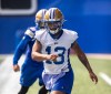 BROOK JONES/FREE PRESS
The Winnipeg Blue Bombers participate in a walkthrough practice ahead of Friday's Canadian Football League home game against the visiting Toronto Argonauts. Pictured: Blue Bombers wide receiver Dillon Mitchell (No. 13) participates in speed and agility exercises during a ladder drill at a walkthrough practice at Princess Auto Stadium in Winnipeg, Man., Thursday, July 31, 2025.
