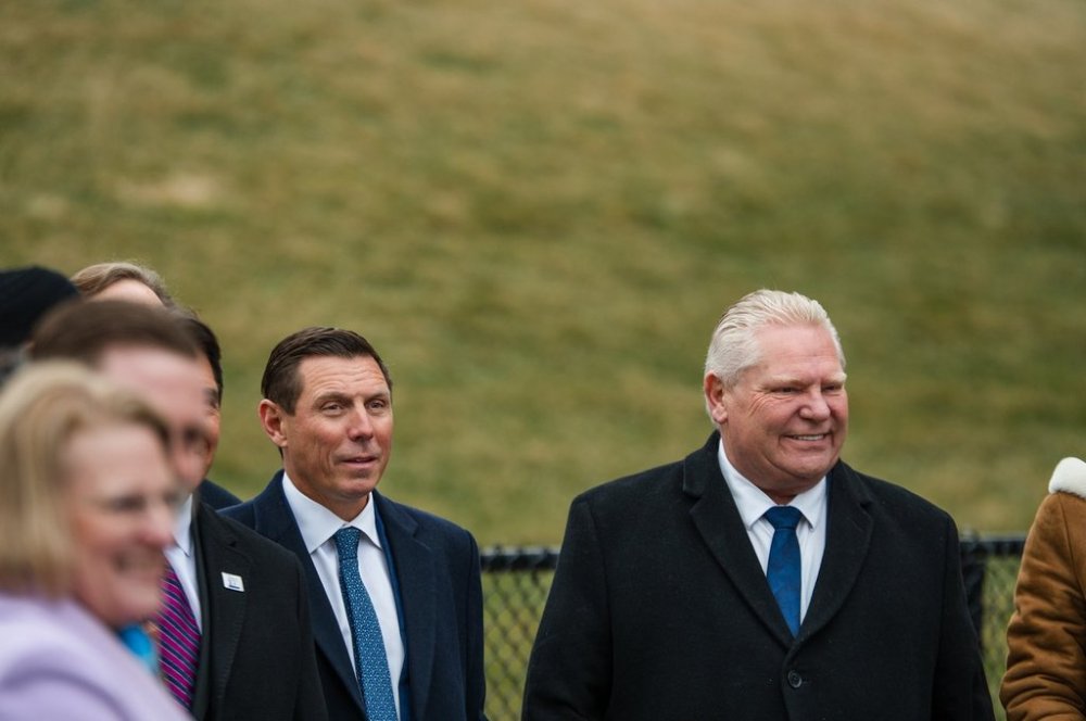 Brampton Mayor Patrick Brown, left, attends a groundbreaking ceremony with Premier Doug Ford in Brampton, Ont., Friday, March 28, 2025. THE CANADIAN PRESS/Laura Proctor