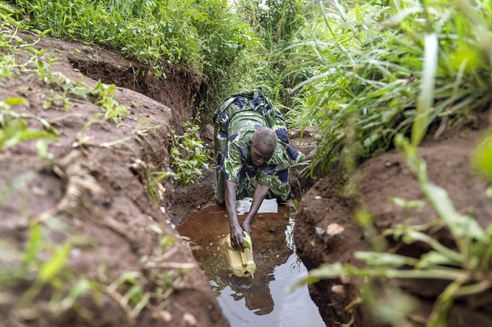 Joy Okwanjire, who is in her 70s, fills a 10-liter jug as part of her daily hike among steep hills to collect water from a valley stream over a kilometer away, Wednesday, Nov. 20, 2024, in Mubushuro, in western Uganda. (AP Photo/David Goldman)