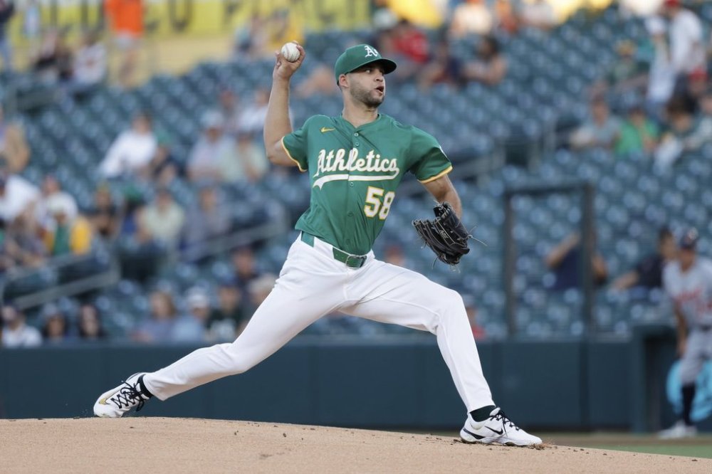Athletics starting pitcher Luis Morales throws to a Detroit Tigers batter during the first inning of a baseball game Wednesday, Aug. 27, 2025, in West Sacramento, Calif. (AP Photo/Sergio Estrada)