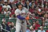 San Francisco Giants' Willy Adames watches his solo home run during the first inning of a baseball game against the St. Louis Cardinals Friday, Sept. 5, 2025, in St. Louis. (AP Photo/Jeff Roberson)