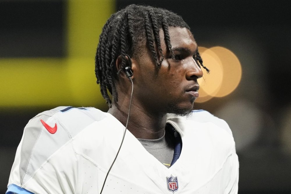 Tennessee Titans quarterback Cam Ward during the second half of a preseason NFL football game against the Atlanta Falcons, Friday, Aug. 15, 2025, in Atlanta. (AP Photo/Brynn Anderson)