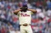 Philadelphia Phillies pitcher Joe Ross reacts after the Philleis won a baseball game against the Seattle Mariners Wednesday, Aug. 20, 2025, in Philadelphia. (AP Photo/Matt Slocum)