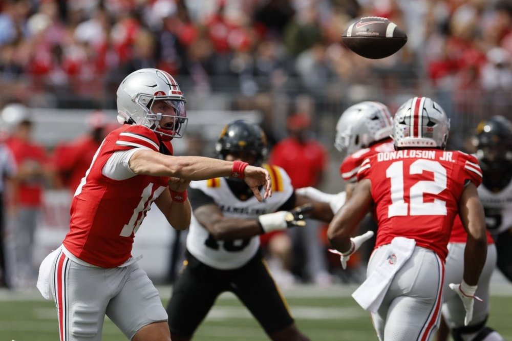Ohio State quarterback Julian Sayin throws a pass against Grambling State during the first half of an NCAA college football game, Saturday, Sept. 6, 2025, in Columbus, Ohio. (AP Photo/Jay LaPrete)