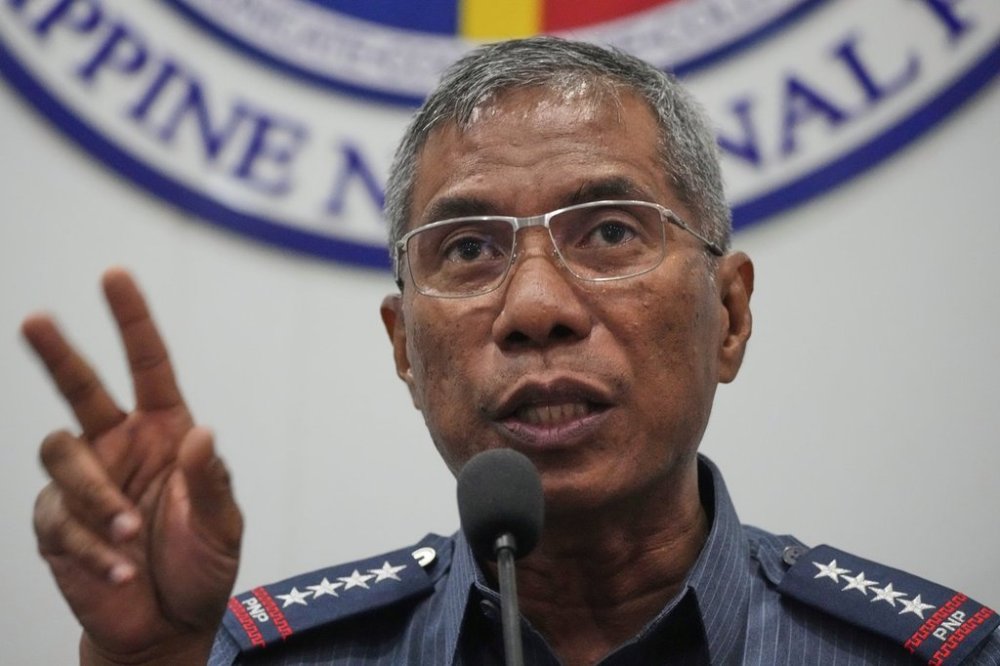 FILE -Philippine police chief Gen. Nicolas Torre III gestures as he answers questions during a forum with the Foreign Correspondents Association of the Philippines at Camp Crame, Quezon City, Philippines on July 8, 2025. (AP Photo/Aaron Favila, File)