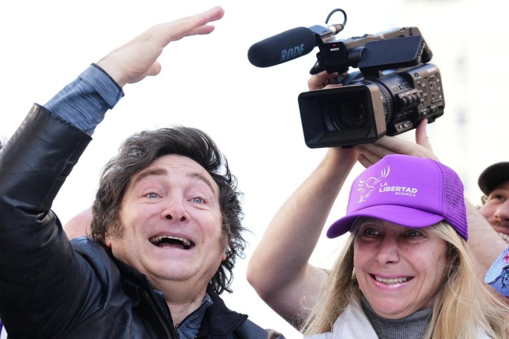 Argentine President Javier Milei and his sister, Secretary General of the Presidency, Karina Milei attend a rally ahead of legislative provincial elections in Lomas de Zamora, Argentina, Wednesday, Aug. 27, 2025. (AP Photo/Natacha Pisarenko)