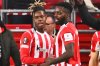Athletic Bilbao's Nico Williams, left, celebrates with his brother Inaki Williams after scoring the opening goal during the Europa League opening phase soccer match between Athletic Bilbao and Viktoria Plzen at the San Mames stadium in Bilbao, Spain, Thursday, Jan. 30, 2025. (AP Photo/Miguel Oses, File)