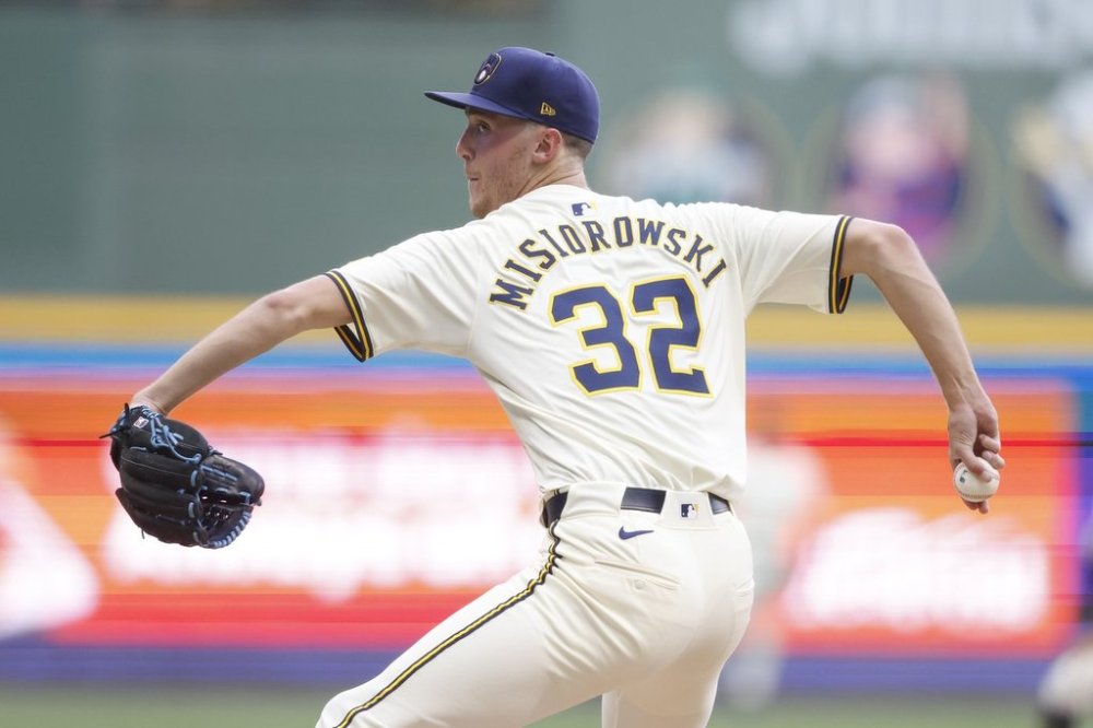 Milwaukee Brewers pitcher Jacob Misiorowski throws to the Chicago Cubs during the first inning of a baseball game, Monday, July 28, 2025, in Milwaukee. (AP Photo/Jeffrey Phelps)