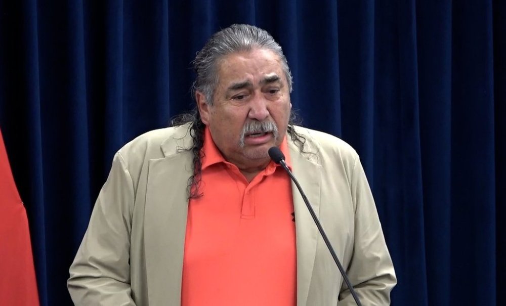 Hollow Water First Nation Chief Larry Barker speaks during a press conference in Winnipeg on Thursday, Sept. 4, 2025 in this image taken from video. THE CANADIAN PRESS/Brittany Hobson