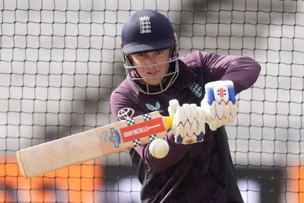 England's Harry Brook practices during a nets session at Headingley, Leeds, England, Monday Sept. 1, 2025. (Danny Lawson/PA via AP)