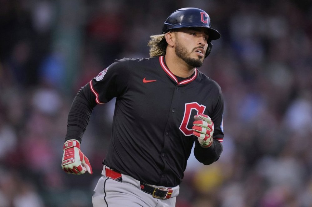 Cleveland Guardians' Gabriel Arias heads down the first base line on his two-run home run in the second inning of a baseball game against the Boston Red Sox at Fenway Park, Wednesday, Sept. 3, 2025, in Boston. (AP Photo/Charles Krupa)