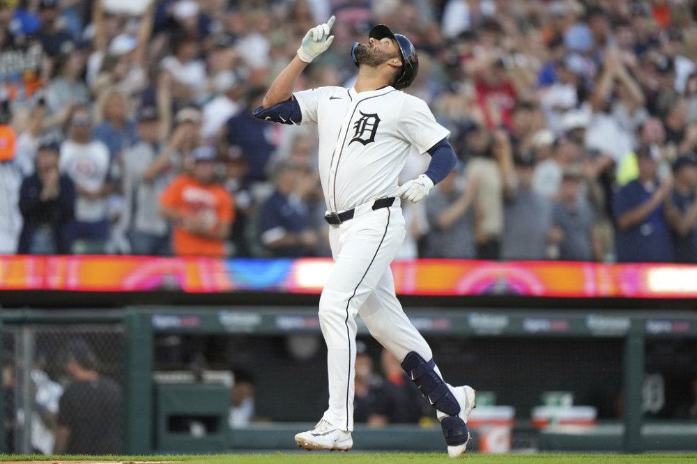 Detroit Tigers designated hitter Riley Greene gestures while running the bases after hitting a two-run home run during the fifth inning of a baseball game against the Houston Astros, Monday, Aug. 18, 2025, in Detroit. (AP Photo/Ryan Sun)