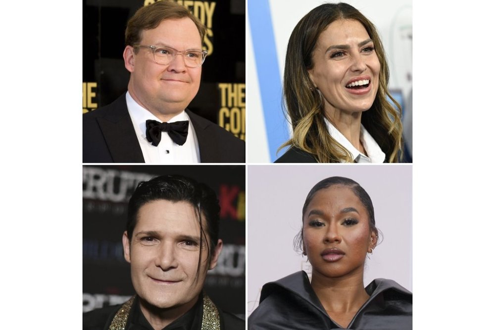 FILE - This photo combination shows, from top left, Andy Richter in New York, April 28, 2012, Hilaria Baldwin, June 22, 2021, in New York, Corey Feldman, March 9, 2020, in Los Angeles and Jordan Chiles, June 9, 2025, in Los Angeles. (AP Photo/Charles Sykes, Evan Agostini, Richard Shotwell, Jordan Strauss)