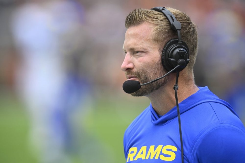 Los Angeles Rams head coach Sean McVay looks on in the first half of an NFL preseason football game against the Cleveland Browns, Saturday, Aug. 23, 2025, in Cleveland. (AP Photo/David Richard)