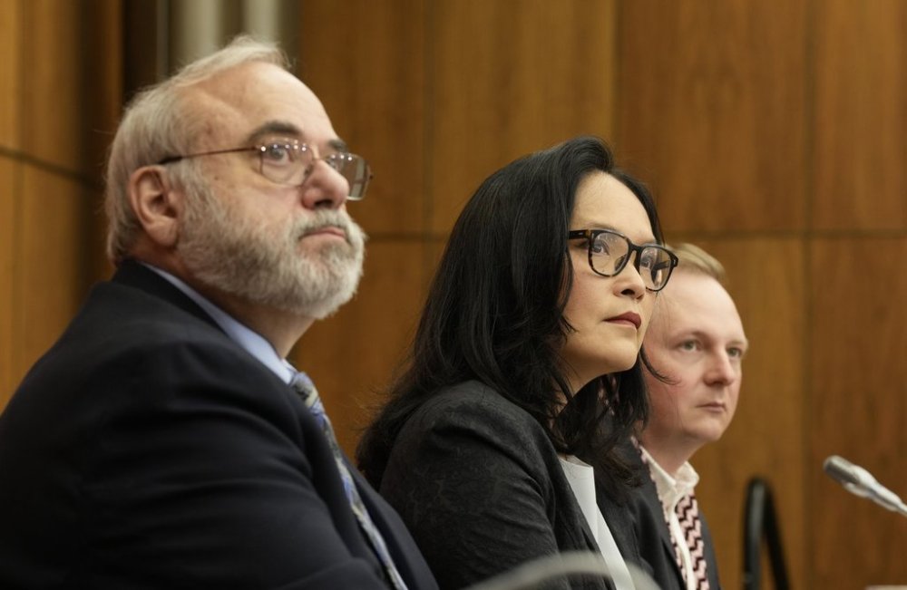 Palestinian Canadian Congress' James Kafieh, left, NDP MP for Vancouver East Jenny Kwan and Michael Bueckert of Canadians for Justice and Peace in the Middle East watch a panellist speak by video conference during a news conference in Ottawa on Thursday, Sept. 4, 2025. THE CANADIAN PRESS/Adrian Wyld
