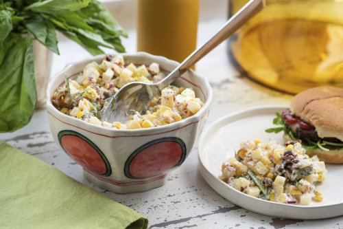 A recipe for corn and potato salad is displayed in New York on July 5, 2018. (Cheyenne Cohen via AP)