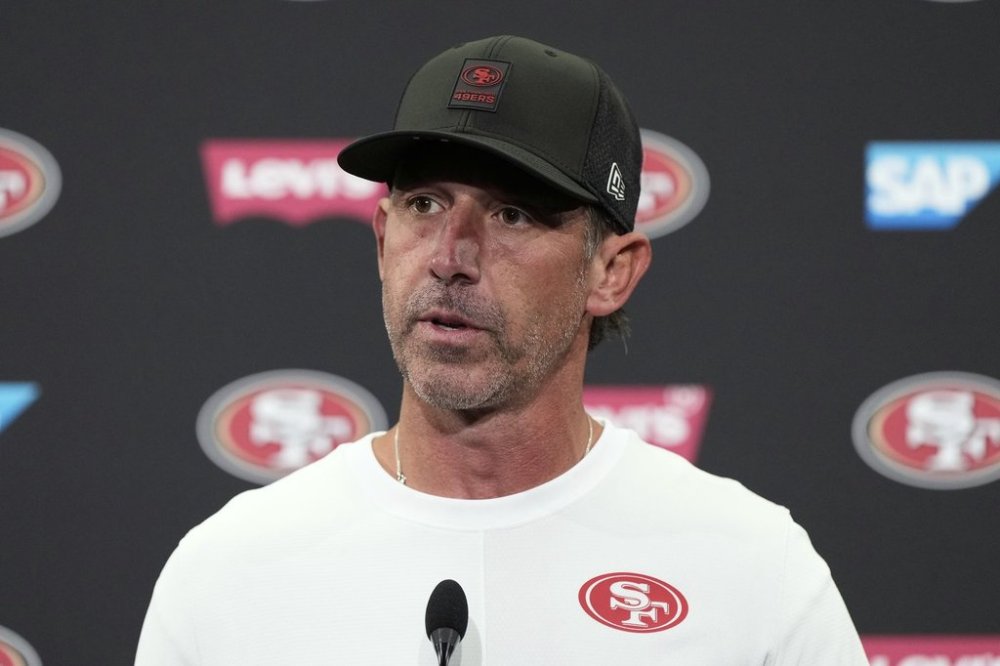 San Francisco 49ers head coach Kyle Shanahan speaks at news conference after an NFL preseason football game against the Los Angeles Chargers in Santa Clara, Calif., Saturday, Aug. 23, 2025. (AP Photo/Godofredo A. Vásquez)
