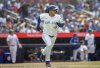 Toronto Blue Jays' Myles Straw (3) hits a home run against the Texas Rangers during the second inning of MLB baseball in Toronto, Saturday, Aug. 16, 2025. THE CANADIAN PRESS/Tara Walton