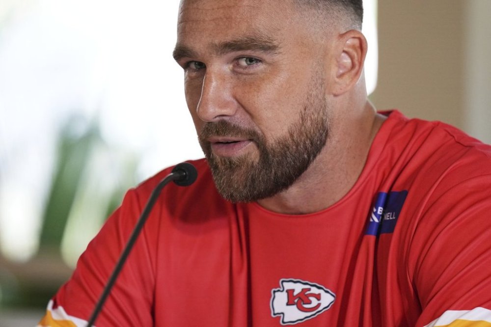 Kansas City Chiefs tight end Travis Kelce speaks during a press conference ahead of a NFL football game against Los Angeles Chargers, in Sao Paulo, Brazil, Thursday, Sept. 4, 2025. (AP Photo/Fernando Llano)