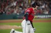 Cleveland Guardians' Kyle Manzardo reacts after hitting a two-run home run off Seattle Mariners starting pitcher Logan Gilbert during the sixth inning of a baseball game, Saturday, Aug. 30, 2025, in Cleveland. (AP Photo/Phil Long)