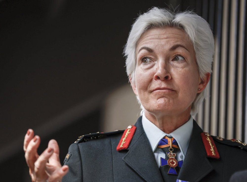 Chief of Defence Staff General Jennie Carignan gestures during an interview in Calgary, Saturday, July 5, 2025. THE CANADIAN PRESS/Jeff McIntosh