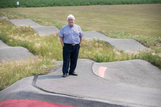 Sage Creek Residents' Association president Frank Capasso at the pump track named in his honour. (Brook Jones / Free Press)