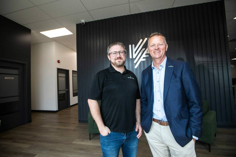 Two of the three Valley Fiber co-founders Hank Wall and Kehler. Valley Fiber’s network stretches as far north as Gypsumville, as far east as Sprague, as far south as Emerson and as far west as Ninette. (Mikaela MacKenzie / Free Press)