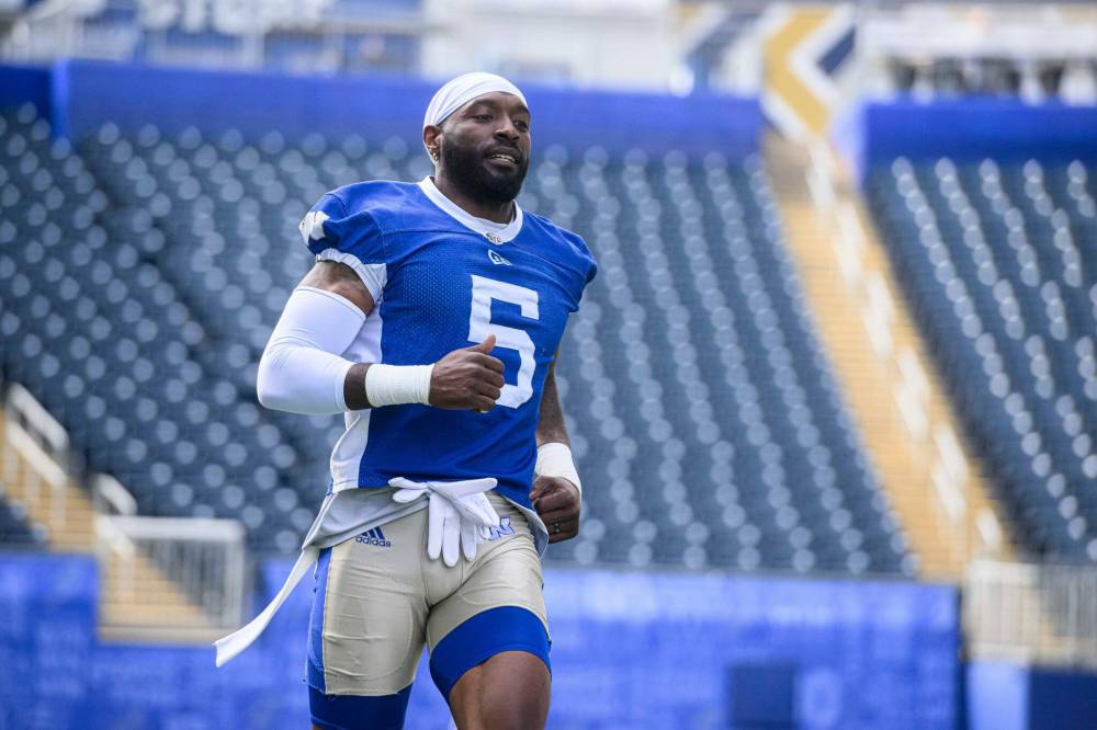 MIKE SUDOMA / FREE PRESS
Blue Bombers Willie Jefferson runs a drill during Bombers training camp Sunday morning at Princess Auto Stadium May 11, 2025
