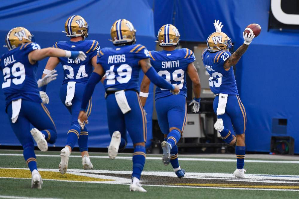 FRED GREENSLADE / THE CANADIAN PRESS
Winnipeg Blue Bombers’ Trey Vaval (23) celebrates his kick return touchdown against the Toronto Argonauts during first half CFL action in Winnipeg, Friday, Aug. 1, 2025.