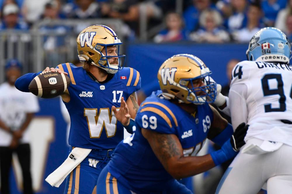 FRED GREENSLADE / THE CANADIAN PRESS
Winnipeg Blue Bombers’ quarterback Chris Streveler (17) makes a pass against the Toronto Argonauts during first half CFL action in Winnipeg, Friday, Aug. 1, 2025.