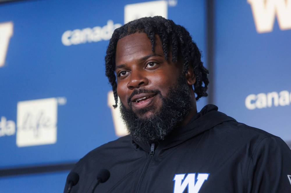 MIKE DEAL / FREE PRESS
Winnipeg Blue Bombers’ offensive tackle Stanley Bryant returned to practice on Monday for the first time since exiting the club’s Week 5 contest against the Calgary Stampeders.