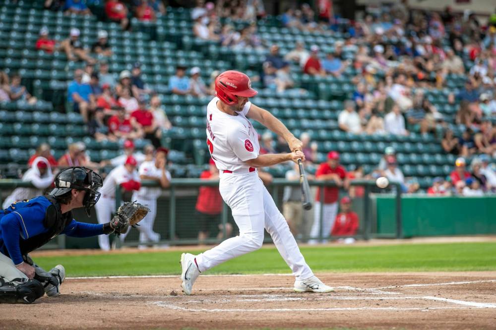 BROOK JONES / FREE PRESS
Outfielder Max Murphy hit his 100th career home run as a Goldeye on Saturday.