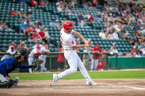 BROOK JONES / FREE PRESS
                                Outfielder Max Murphy hit his 100th career home run as a Goldeye on Saturday.