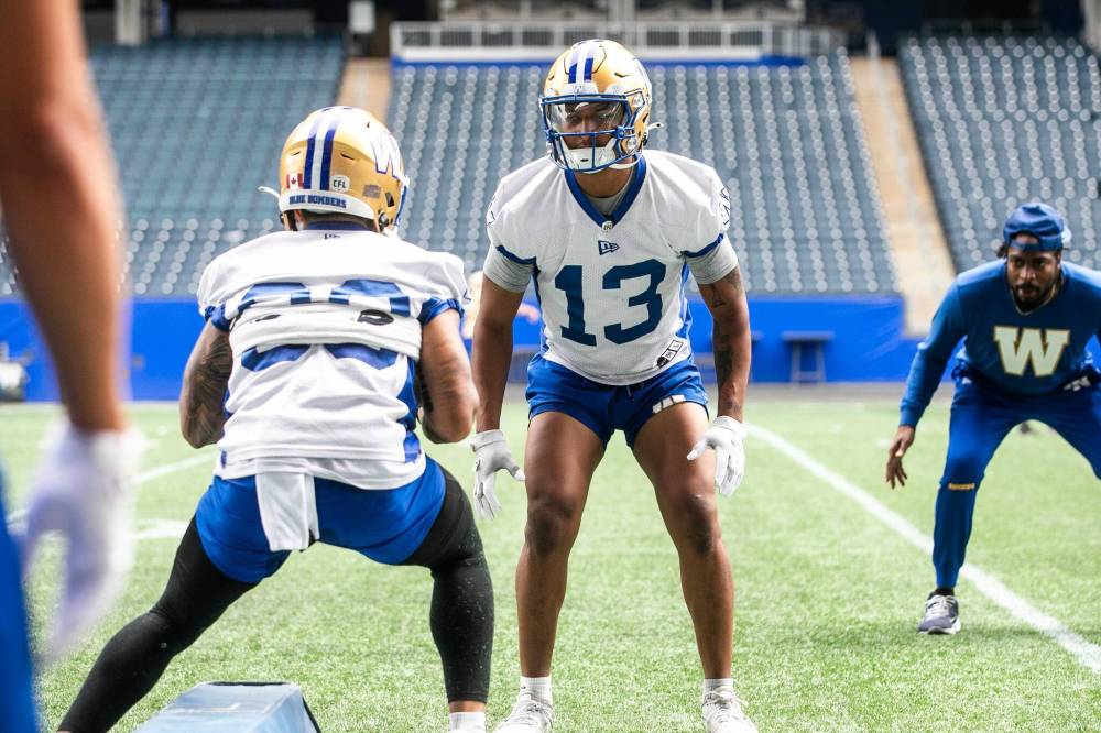 MIKAELA MACKENZIE / FREE PRESS FILES
Winnipeg Blue Bombers’ Dillon Mitchell (13) has run multiple snaps out of the slot this week at practice, indicating the wide receiver might see his first start in Blue and Gold in Saturday’s contest.