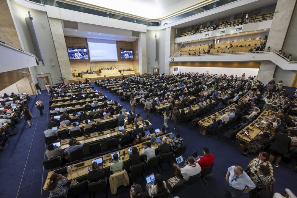 A plenary session takes place during the second part of the fifth session of the Intergovernmental Negotiating Committee on plastic pollution at the European headquarters of the United Nations in Geneva, Switzerland, Wednesday, Aug. 13, 2025. (Martial Trezzini/Keystone via AP)