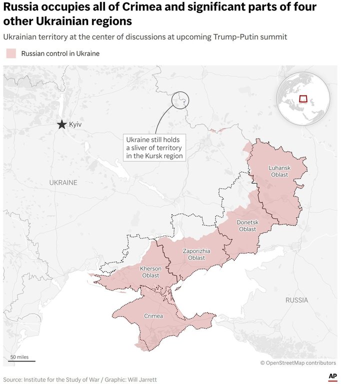 The map above shows the Russian occupation of Crimea and the partial occupation of four other regions. The small sliver of Russian land still held by Ukraine in the Kursk region is also depicted. (AP Digital Embed)