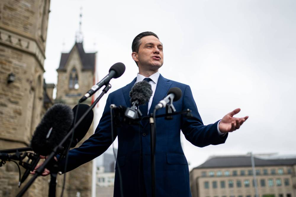 Spencer Colby /THE CANADIAN PRESS
Conservative Leader Pierre Poilievre speaks to reporters outside West Block on Parliament Hill in Ottawa on Thursday, May 15, 2025.