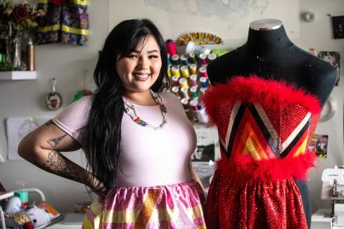 MIKAELA MACKENZIE / FREE PRESS
                                Alyssia Sutherland, founder of Allyճ Ribbons (with a piece that will be worn in Milan by an Indigenous performer), in her home sewing studio on Monday, Aug. 18, 2025. Allyճ Ribbons, a Manitoba business known for its ribbon skirts, is operating its own show at Milan Fashion Week. For Gabby story. Winnipeg Free Press 2025