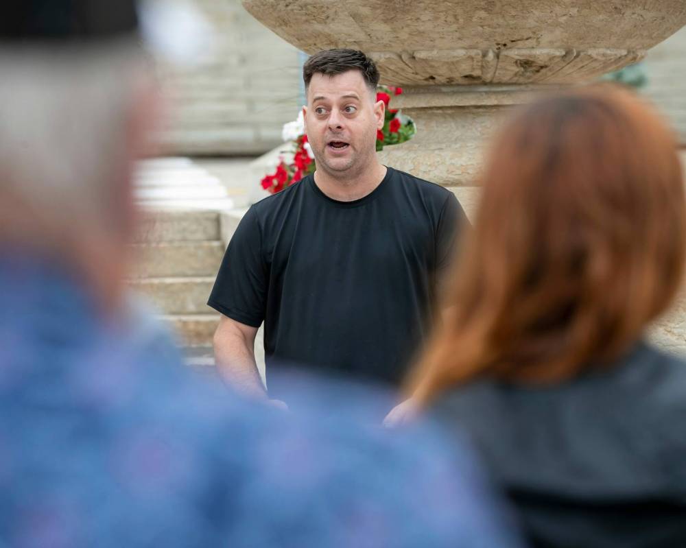 BROOK JONES/FREE PRESS
Manitoba Eco-Network Executive Director James Beddome speaks at the rally on the grounds of the Manitoba Legislative Building, Thursday.