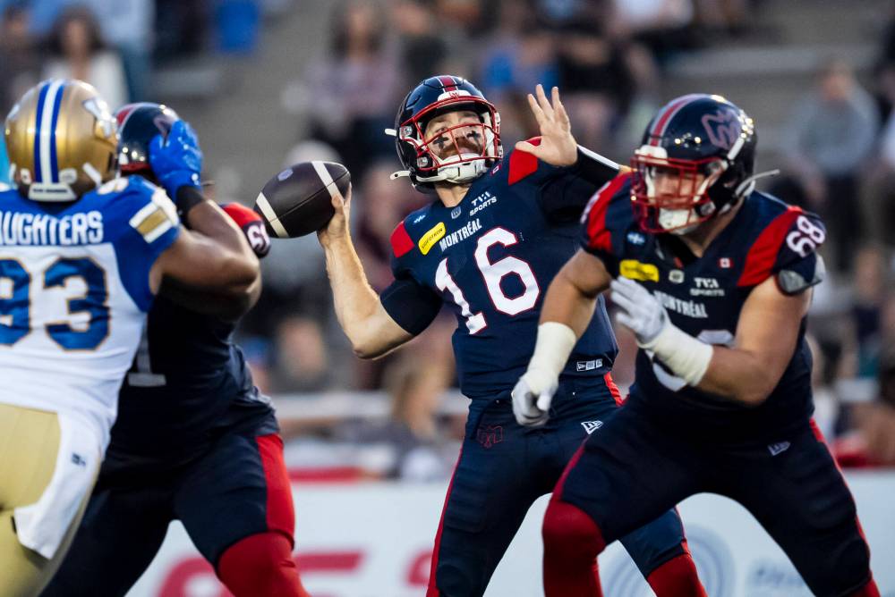Christopher Katsarov / THE CANADIAN PRESS
                                Montreal Alouettes quarterback James Morgan had 18 completions on 33 attempts for 198 yards, one touchdown, and two interceptions in his first career CFL start, Thursday against the Bombers.