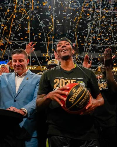 CEBL / INSTAGRAM
                                Niagara River Lions guard Khalil Ahmad (right) was named Finals MVP by CEBL Commissioner Mike Morreale (left) after the game Sunday.