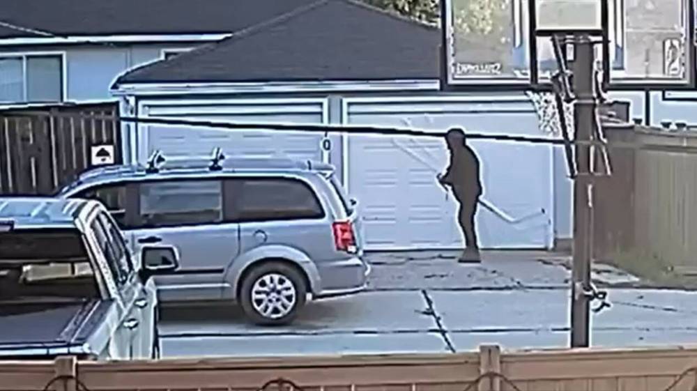 A man is seen in a back lane in Garden City removing downspouts before placing them into a van and driving away. (Supplied)