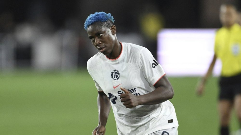 FILE - Bay FC forward Asisat Oshoala in action during an NWSL soccer match against the Washington Spirit, in Washington, March 28, 2025. (AP Photo/Terrance Williams, file)