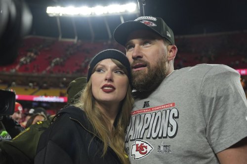 FILE - Kansas City Chiefs tight end Travis Kelce, right, is congratulated by Taylor Swift as they celebrate the Chiefs victory over the Buffalo Bills in the AFC Championship NFL football game, Jan. 26, 2025, in Kansas City, Mo. (AP Photo/Charlie Riedel, File)